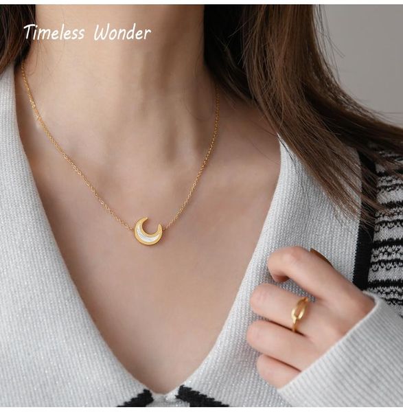 

timeless wonder titanium glam shell moon choker necklace women stainless steel jewelry goth gift cute crescent kpop sweet 2642 chokers, Golden;silver