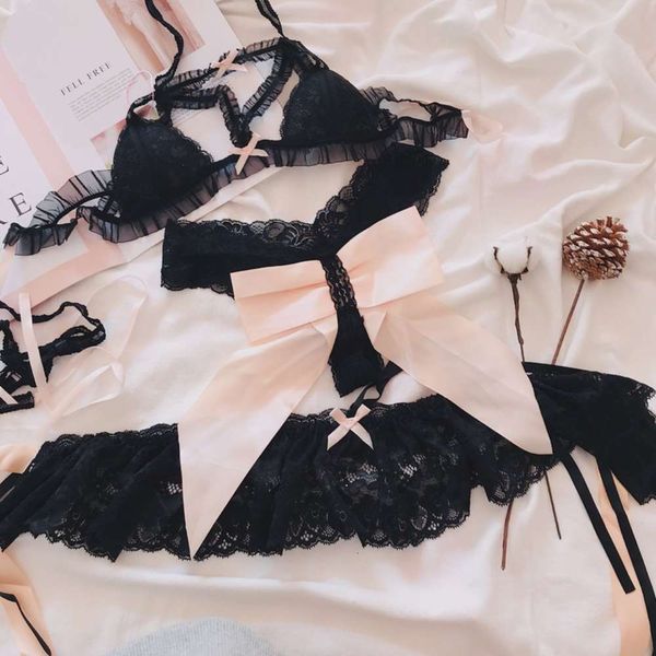 

charming skirt and lace underwear set, Black;white