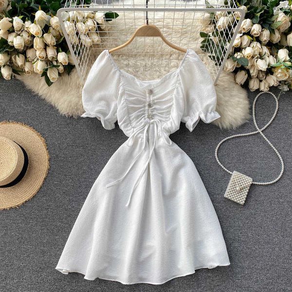 

deat women drawstring pleated sweet style puff sleeve dress solid color square collar fashion spring summer 11b720 210709, Black;gray
