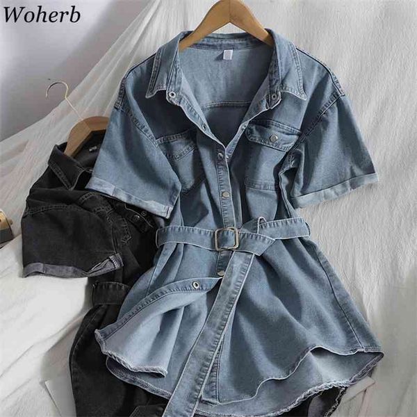 

fashion denim mini dress women casual all match summer korean vestidos slim fit pocket bodycon short sleeve shirt dresses 210519, Black;gray