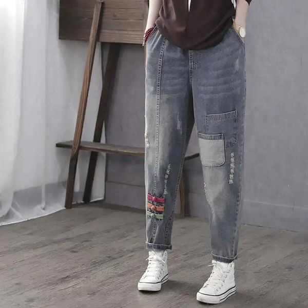 

women's jeans retro literary women spring autumn 2021 style buckle cowboy pants female waist nine-point denim harem ladies l259, Blue