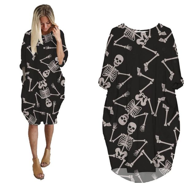 

casual dresses halloween women's digital print medium length long sleeve dress t shirt women female, Black;gray