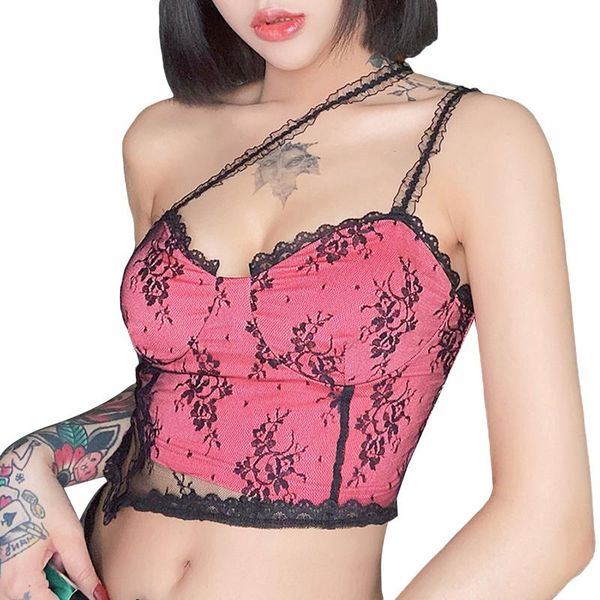 

women's tanks & camis 2021 summer ladies's mesh lace camisoles, sleeveless spaghetti strap irregular hem crop cami, White