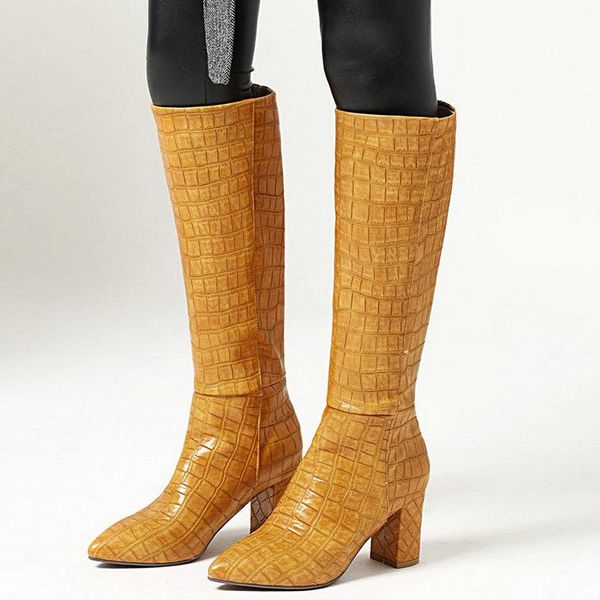 

boots autumn women fashion stone pattern knee high square heel long slip on winter woman, Black