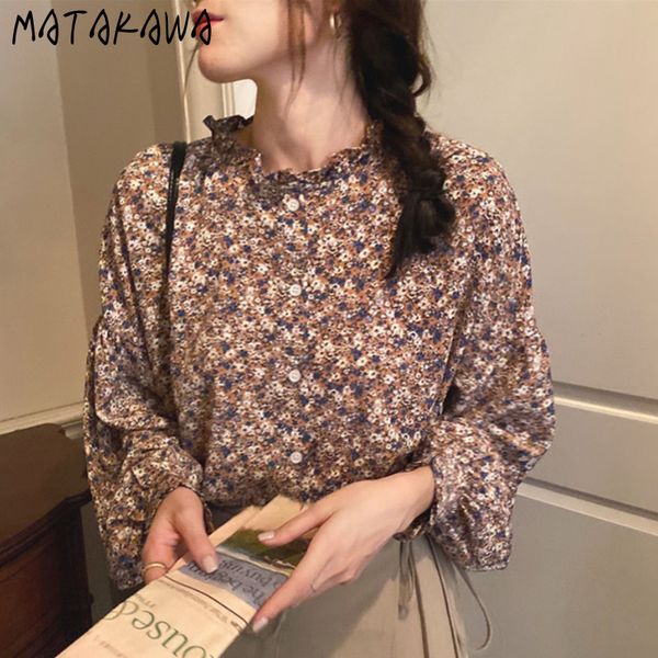 

matakawa korean high collar floral women blouses autumn retro fungus single breasted blusas loose lantern sleeve chiffon 210513, White