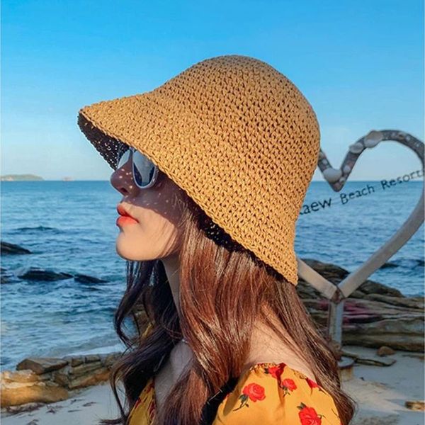 Capéu de balde feminino Capinhas de verão feminino Chapéus de palha trançada elegante para mulheres praia larga borda