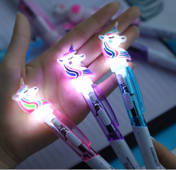 Cartoon Unicorn Light Pen Luci a LED Testa di silice Gel Glowing Ballpoint Student Stationery School Writing Gift Supplies inchiostro blu