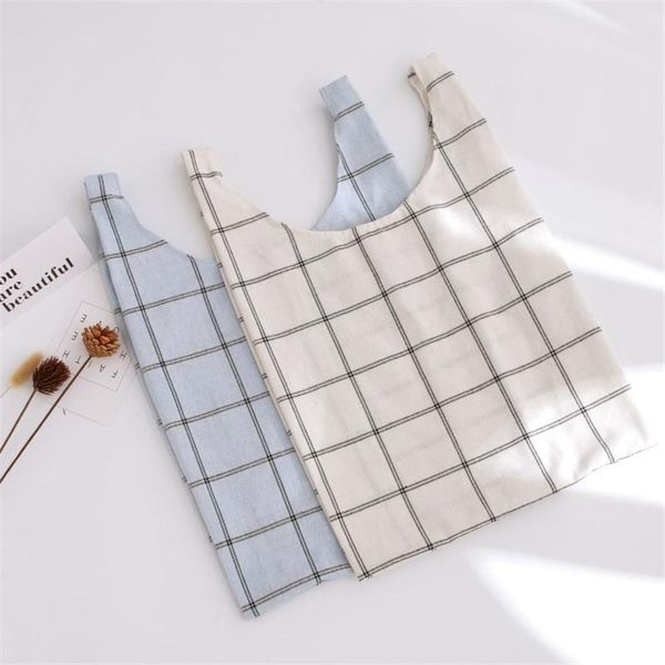 

shopping bags yile cotton linen vest shaped eco tote wrist bag handbag plaid check ym81016a