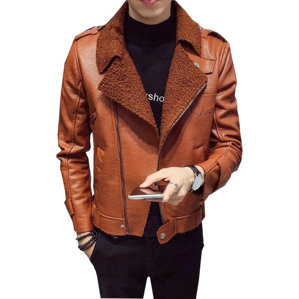 

men's fur & faux winter plus velvet thick one leather handsome korean version of the slim locomotive black jacket more size m-xxxl