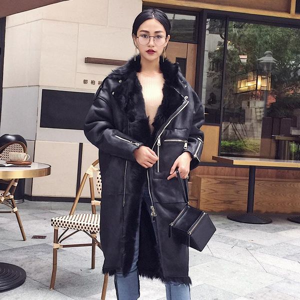 

women's fur & faux oftbuy real coat 2021 winter jacket women long genuine leather warm thick sheep liner double-faced parka oversize, Black