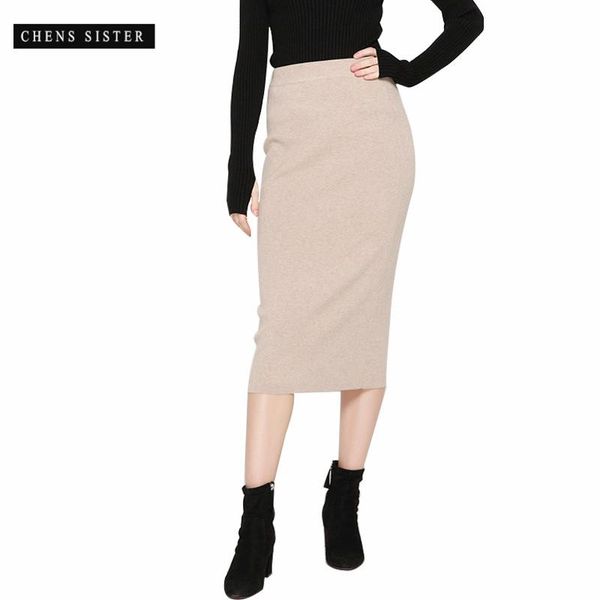 

skirts [chens sister] womens stretch office pencil skirt high waist quality wool bodycon career midi, Black