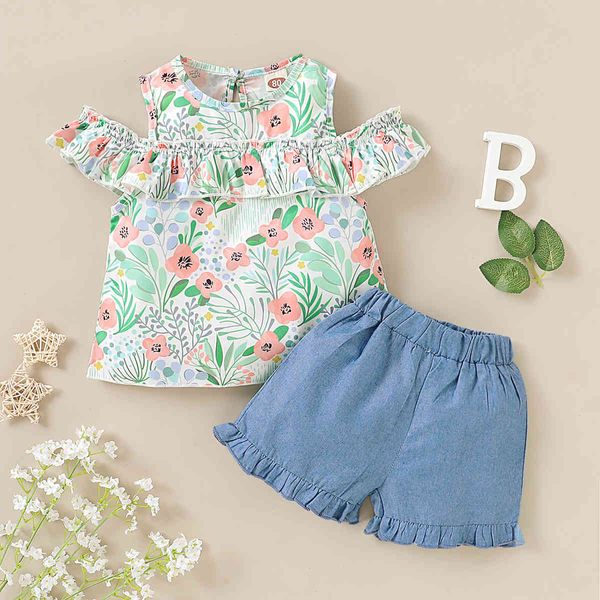 Sommer Mädchen Kleidung Set Mode Stil Kurzarm Trägerloses Blumendruck Top + Rüschen Shorts 2-teilige Kinder 210515