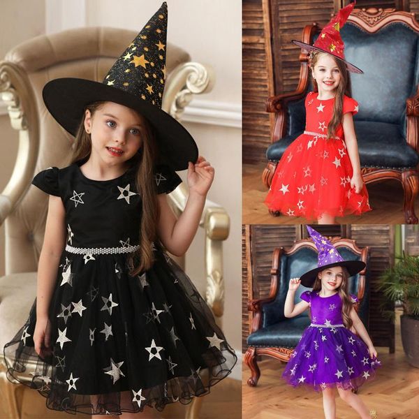

girl's dresses fantasy witch dress with hat 2pcs kids child girls pageant gown halloween dance party costume princess dress+hat vestido, Red;yellow
