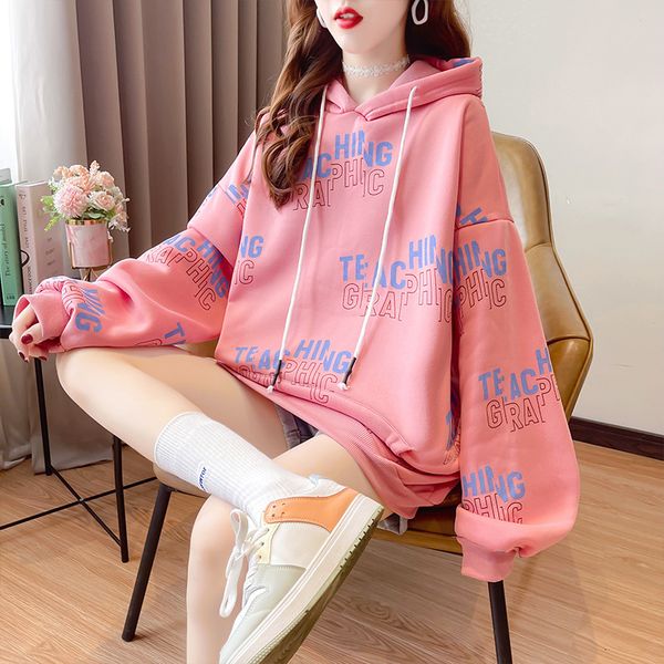 

hoodies all over print plush hoodie women's winter 2021 ins fashion brand versatile large coat, Black
