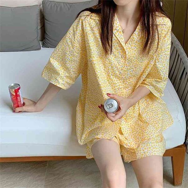 Estilo coreano casa terno pijama de verão para mulheres menina doce pijama conjuntos manga curta pijama floral amarelo dois pedaço conjunto 210809