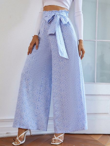 

ditsy floral paperbag waist belted wide leg pants a82c#, Black;white