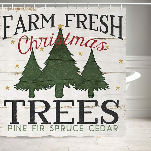 

christmas shower curtain, farm fresh christmas trees pine fir spruce cedar on vintage rustic wooden board shower curtains for