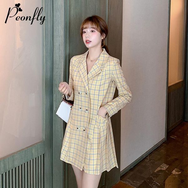

casual dresses peonfly fashion 2021 spring long sleeve loose blazer dress korean style notched plaid women streetwear ladies, Black;gray