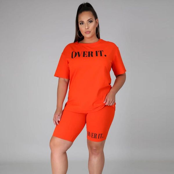 

womens short sweat suits 2021 summer solid o neck sleeve t-shirt and slim letter print shorts women plus size 5xl joggers women's track, Gray