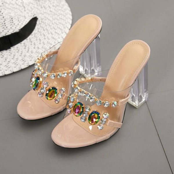 

summer fashion crystal diamond slides clear pvc transparent slippers women shoes peep toe high heels mules dress pumps, Black