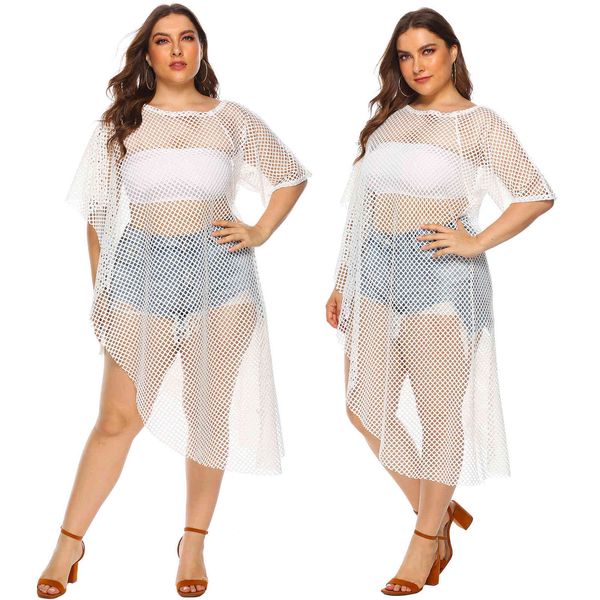 

women's plus size large hollow out perspective grid irregular beach blouse 988