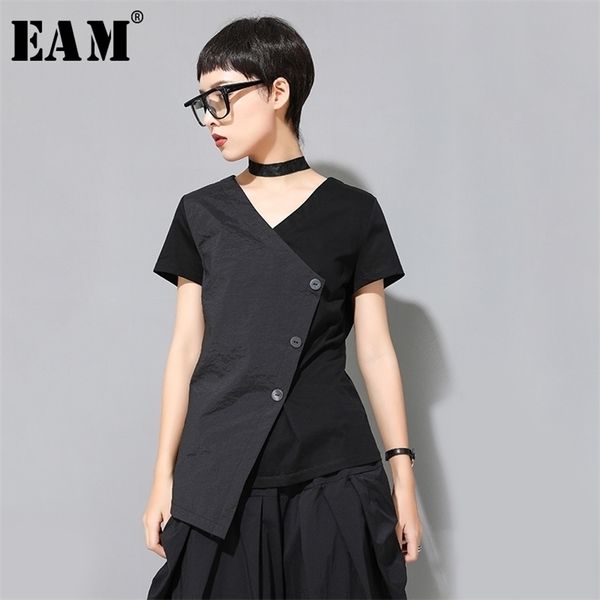 [EAM] Frauen Schwarz Taste Unregelmäßige Große Größe Große Größe T-shirt Neue V-ausschnitt Kurzarm Mode Flut Frühling Sommer 1U323 210324