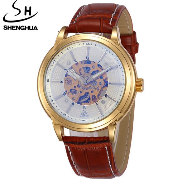 

watch shenhua double sided hollow belt mechanical boys gold bottom through automatic men, Slivery;brown