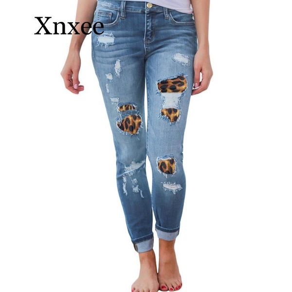 

women's jeans hole women plus size high waist skinny solid leopard patchwork irregular ribbed holes pencil pant stretch slim trouser, Blue