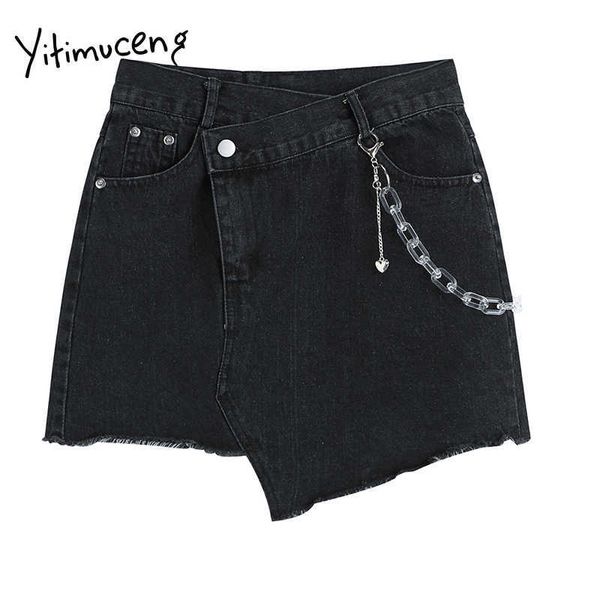 Yitimuceng нерегулярная джинсовая юбка женская цепочка мини высокая талия a-line черная одежда весна лето корейская мода юбки 210601