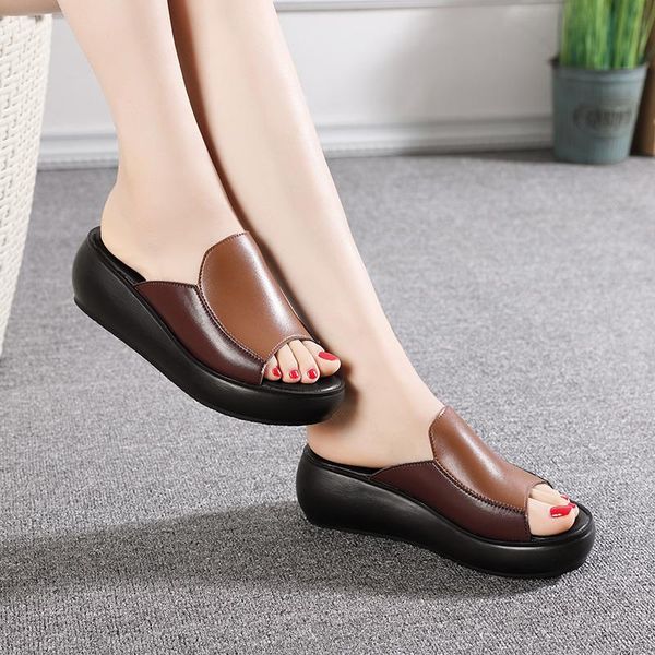 

wedged sandals women's summer shoes genuine leather mother slippers ladies mid-heel platform, Black