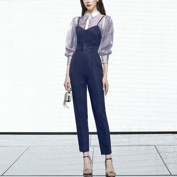 

spring women's blue shirt + suspenders jumpsuit fashion suits women outwear two pieces sets piece pants, White
