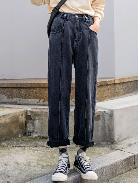 

dazy high waist seam detail straight leg jeans 220w#, Blue