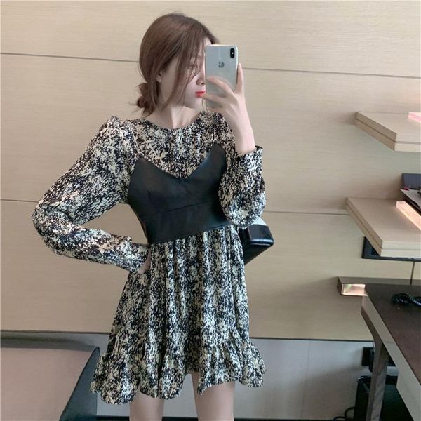

casual dresses autumn vintage floral loose mini-dress fashion o-neck empire long sleeve back leather vest two-piece for women hipster, Black;gray