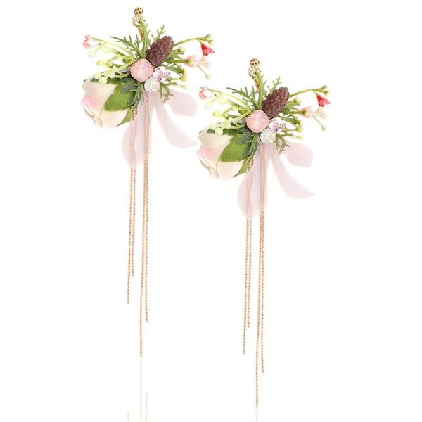 

clip-on & screw back vintage women earring bride bridesmaid fabric simulation flowers fringed long drop wedding jewelry, Silver