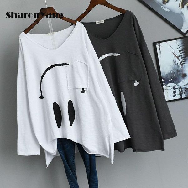 

women's t-shirt 2021 spring&summer ovesize loose long sleeve women fashion v-neck casual style t shirt plus size base, White