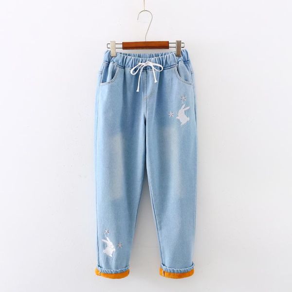 

women's pants & capris winter thick fleece jeans for women vintage cherry embroidery student velvet denim loose casual warm harem, Black;white