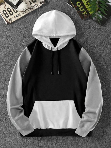 

men colorblock kangaroo pocket drawstring hoodie k1bb#, Black