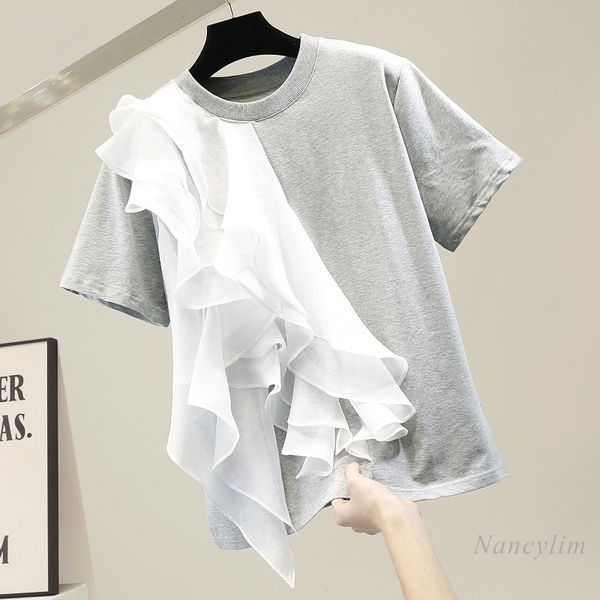 

t shirt fashion chiffon large ruffled stitching pullover short sleeve t-shirt women's cloth spring summer female tee top, White
