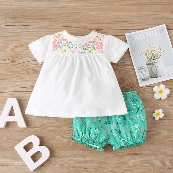 

born infant baby girls short sleeves two-piece suit floral printed +floral shorts outfit costume girl clothes clothing sets, White