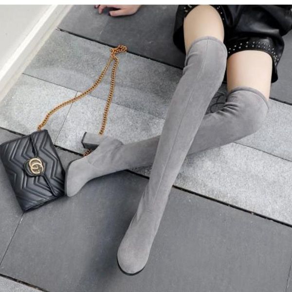 

boots fashion thigh high women chunky heels round toe suede over the knee stretch 2021 autumn winter warm ladies shoes, Black
