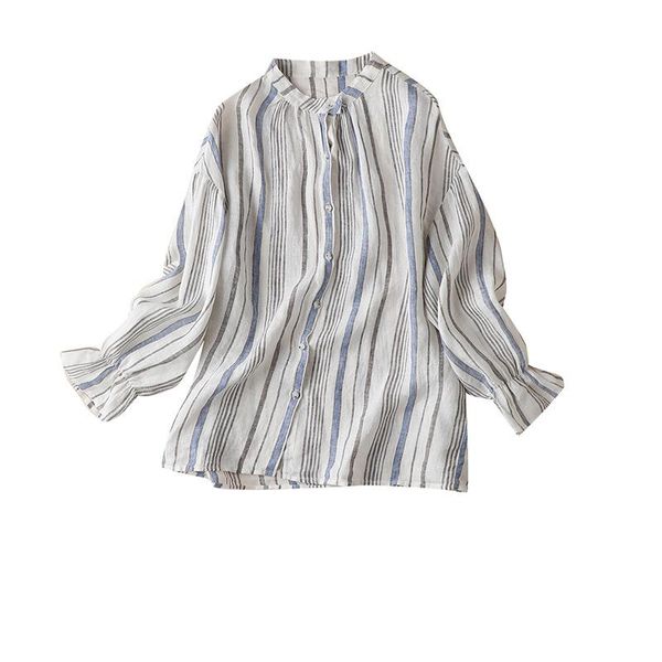 

spring thin linen striped women's long sleeve casual button up shirt bluzki letnie damskie blouses & shirts, White
