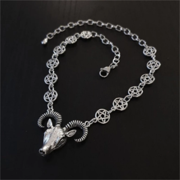

pendant necklaces goat head choker necklace, ram and pentagram chain necklace necklace,gothic wicca,satanic occult, wholesale, Silver