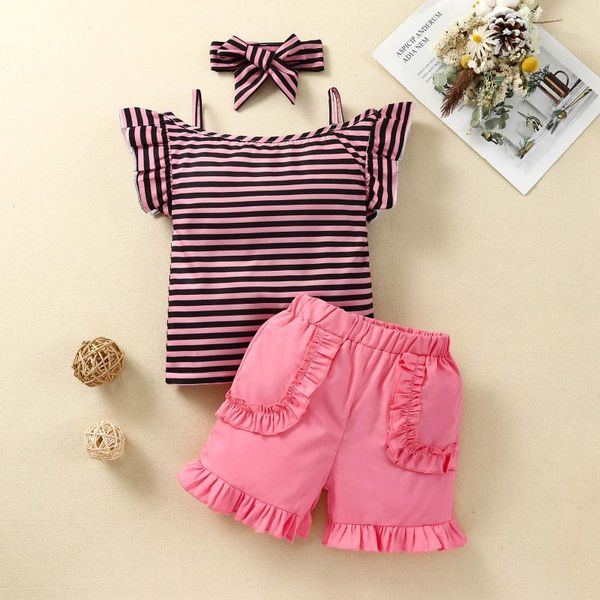 

clothing sets summer clothes suit for baby girls children's flying sleeve striped printed t-shirt + frill shorts hair tie set vetement, White