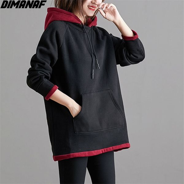 

plus size women hoodies sweatshirt patchwork colors thickening warm winter casual style cotton autumn 210531, Black