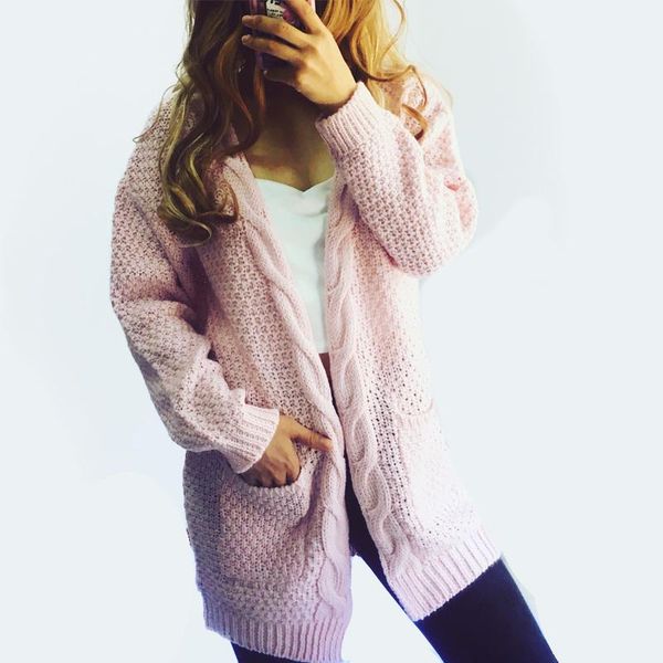 

women's sweaters autumn 2021 winter women sweater long-sleeved twist cardigans knitting pull cardigan female long pocket cadigans, White;black