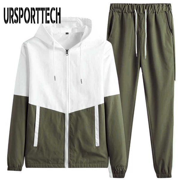 URSPORTTECH Tuta da uomo Set Primavera Patchwork Felpa con cappuccio Giacca + Pantaloni Tuta da uomo Abbigliamento sportivo Allenamento Tuta da palestra Abbigliamento uomo 210528