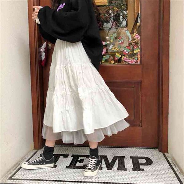 Lange Tüll Midi Röcke Frauen Herbst Elastische Hohe Taille Mesh Tutu Plissee Weibliche Schwarz Weiß Rock Streetwear 210619