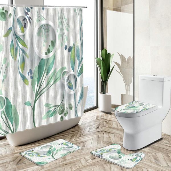 

shower curtains green plants rattan leaves curtain rural watercolor art european style decor bath mat toilet cover bathroom carpet set
