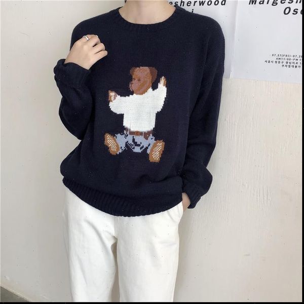 

womens sweater autumn and winter arrival korean style o neck cartoon bear knitted sweaters pullovers b8667, White;black