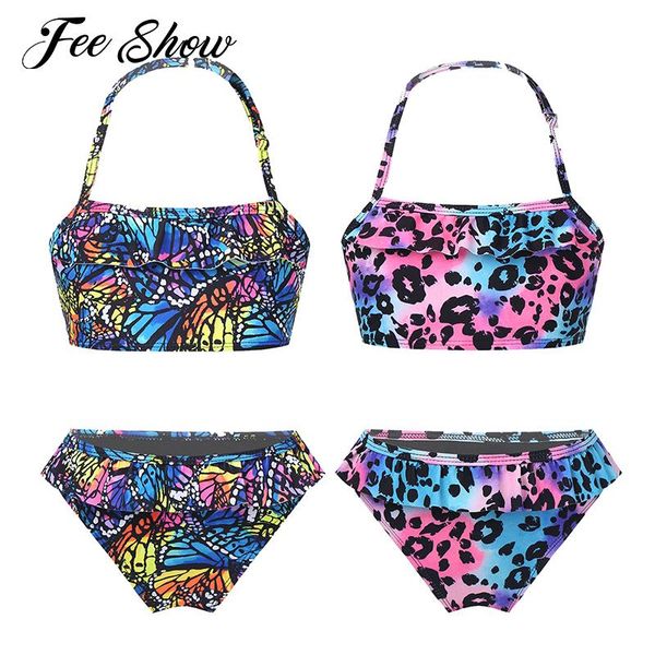 

kids girls print bikini set swimwear adjustable halter neck sleeveless crop ruffle hem briefs bathing suit one-pieces, Black